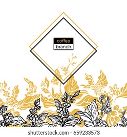 Trendy template. Coffee branches with leaves, flowers and natural coffee beans. Design. Black and white, gold. Copy space. Vector illustration in rhombus Eps.10