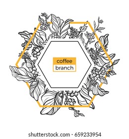 Trendy template. Coffee branches with leaves, flowers and natural coffee beans. Design. Black and white, gold. Copy space. Vector illustration in icosahedron Eps.10