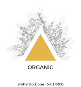 Trendy template. Coffee branches with leaves, flowers and natural coffee beans. Design in triangle. Black and white, gold. Copy space. Vector illustration Eps.10