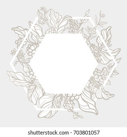 Trendy template. Coffee branches with leaves, flowers and natural coffee beans. Organic food. Design. Black and white. Silhouette. Copy space. Vector illustration in icosahedron Eps.10
