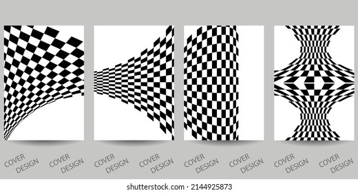 Plantilla de moda para portada de diseño, afiche, volante. Diseño establecido para ventas, presentaciones. Fondo geométrico minimalista en blanco y negro con una huella abstracta a cuadros. Ilusión óptica.