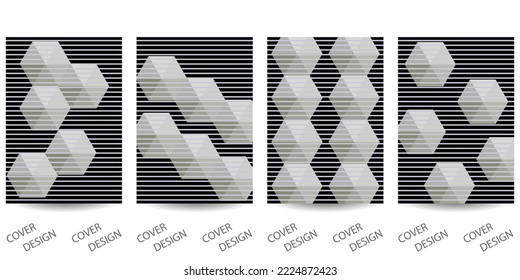 Trendy Template für Design-Cover, Poster, Flyer. Layoutset für den Verkauf, Präsentationen. Minimalistischer geometrischer Hintergrund mit volumetrischen Hexagonen und Streifen. Vektorgrafik.