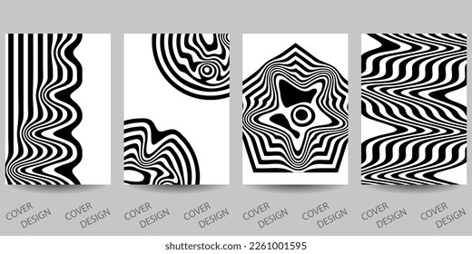 Trendy Template für Design-Cover, Poster, Flyer. Layoutset für den Verkauf, Präsentationen. Minimaler geometrischer Hintergrund auf schwarz-weißem Hintergrund mit gewelltem, gestreiftem Druck