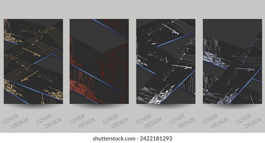 Plantilla de moda para portada de diseño, afiche, volante. Diseño establecido para ventas, presentaciones. Fondo geométrico mínimo oscuro con rayas y textura de grifo.