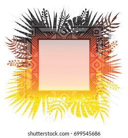 Trendy template with gradient backgrounds and tropical leaves. Square poster with transparent geometric ornament