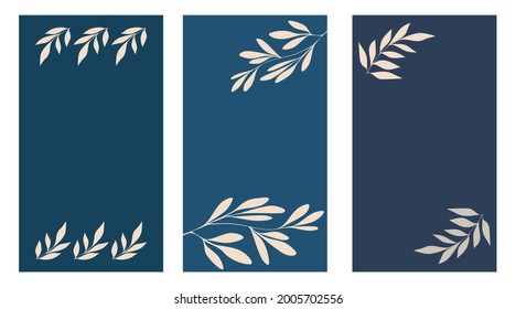 Trendy template in minimal style. Branches and leaves. Design backgrounds for social media stories. Copy space for your text. Isolated vector illustration on white background
