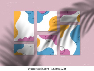 Trendy Template Mock Up Design. Vector Collage with Flyers Graphic Design with Palm Leaves Shadow Overlays. Editable Background Design for Brand Social Media.