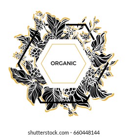 Trendy template. Organic. Coffee branches with leaves, flowers and natural coffee beans. Design. Black and white, gold. Silhouette. Copy space. Vector illustration in icosahedron Eps.10