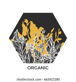 Trendy template. Organic. Coffee branches with leaves, flowers and natural coffee beans. Design. Black and white, gold. Silhouette. Copy space. Vector illustration with icosahedron Eps.10