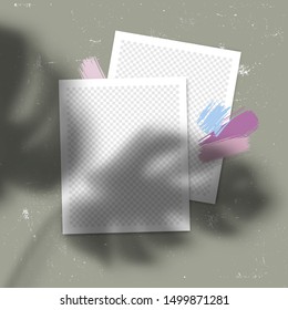 Trendy Template Poster for Social Networks Posts. Vector Collage with Photo Frames and Leaves Shadow Overlays on Old Paper Texture. Editable Background Design for Brand Social Media.