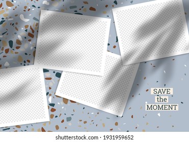 Trendy Template Poster For Social Networks Posts. Vector Collage With Photo Frames With Leaves Shadow Overlays On Terrazzo Background. Editable Background Design For Brand Social Media.