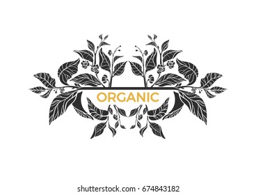Trendy template. Tea branches with natural leaves and flowers. Vector design, pattern, symbol. Black and white, gold. Copy space. Organic product. Eps.10