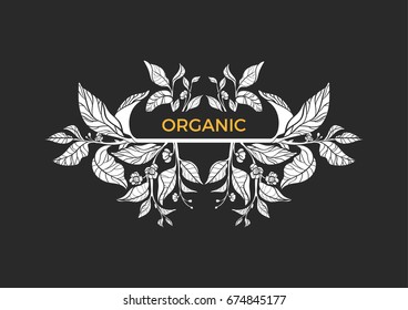 Trendy template. White tea branches with natural leaves and flowers on black background. Vector design, pattern, symbol. Copy space. Organic product. Eps.10