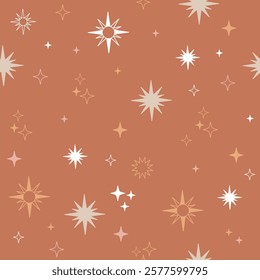 Trendy terracotta seamless pattern with linear stars and sparks, minimalistic style. Boho mystical esoteric. Vector illustration. Background for design, textile, packaging, astrology,phone case, paper