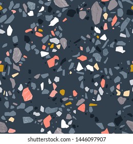 Trendy terrazzo abstract background in indigo, grey and pink colors. Vector italian natural style floor, stone, rock, granite, quartz, marble and concrete