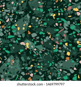 Trendy terrazzo dark abstract background in green, emerald and virid colors with yellow and pink. Vector italian natural style floor, stone, rock, granite, quartz, marble and concrete