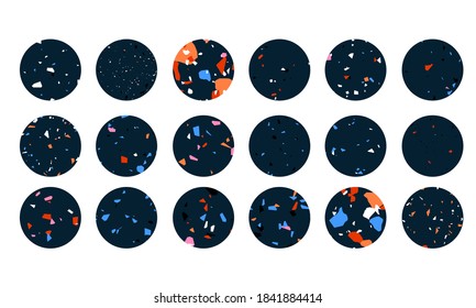 Trendy terrazzo highlight icon set. Dark stone texture icons for social media, button design. Terrazzo circle collection. Grungy concrete texture icons. Modern infographics. Hand-drawn vector shapes.