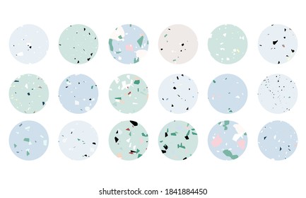 Juego de iconos de moda de terrazzo. Iconos de textura de piedra azul para medios sociales, diseño de botones. Colección de círculo Terrazzo. Iconos de textura de hormigón grueso. Infografías modernas. Formas vectoriales dibujadas a mano.