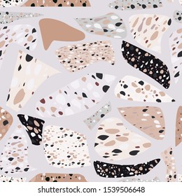 Trendy terrazzo seamless pattern. Chaotic stone pieces, granite fragments endless texture. Textile, tile design, fabric print, wrapping paper, wallpaper, flooring. Vector illustration.