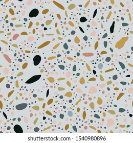 Trendy terrazzo seamless pattern. Chaotic mosaic stone pieces endless texture. Textile, tile design, fabric print, wrapping paper, wallpaper, flooring. Vector illustration.