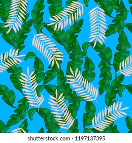Trendy textile pattern seamless with banana tropical leaves and palm. 