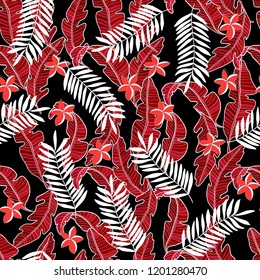 Trendy textile pattern seamless with banana tropical leaves and palm. 