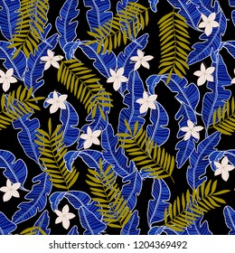 Trendy textile pattern seamless with banana tropical leaves and palm. 