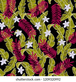 Trendy textile pattern seamless with banana tropical leaves and palm. 