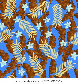Trendy textile pattern seamless with banana tropical leaves and palm. 