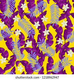 Trendy textile pattern seamless with banana tropical leaves and palm. 