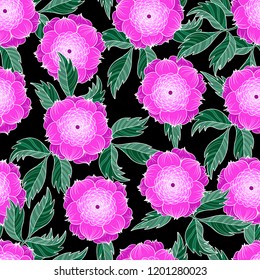 Trendy textile pattern seamless with Japanese chrysanthemums and leaves. 