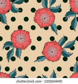 Trendy textile pattern seamless with Japanese chrysanthemums and dots. 