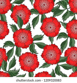 Trendy textile pattern seamless with Japanese chrysanthemums and leaves.