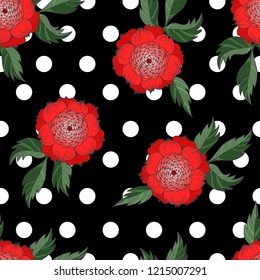 Trendy textile pattern seamless with Japanese chrysanthemums and dots.
