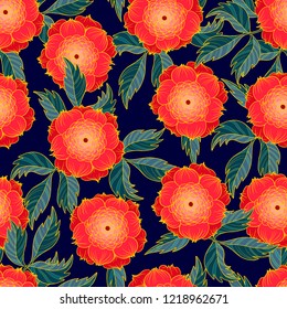 Trendy textile pattern seamless with Japanese chrysanthemums and leaves. 