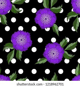 Trendy textile pattern seamless with Japanese chrysanthemums and dots.