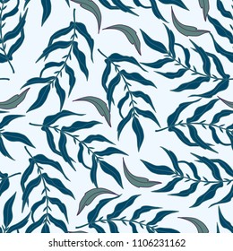 Trendy textile pattern with tropical leaves in white and blue color. 