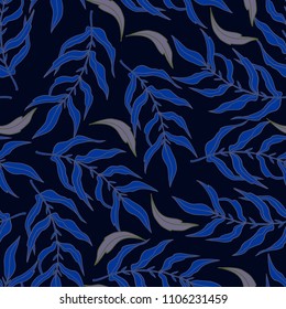 Trendy textile pattern with tropical leaves in dark blue color. 