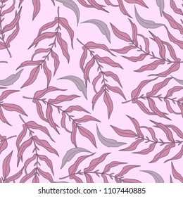 Trendy textile pattern with tropical leaves in pink color. 