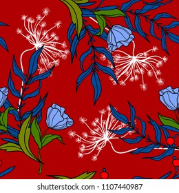 Trendy textile pattern with wild flowers on red background. 