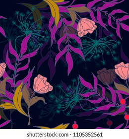 Trendy textile pattern with wild vivid flowers on dark background. 