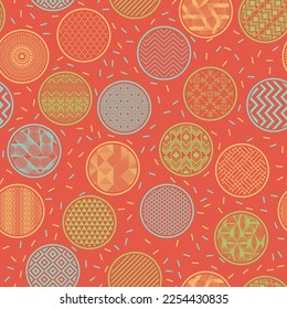 Trendy textile print vector endless ornament. Circle shapes with geometric abstractions inside. Arabic geometry in bubbles. Speckled texture background. Toy packaging design.