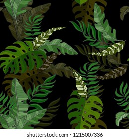 Trendy textile seamless pattern with tropical banana and palm leaves. 