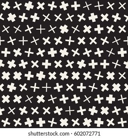 Trendy Texture With Scattered Geometric Shapes.  Inspired by Memphis Design. Abstract Monochrome Background. Vector Seamless Pattern.