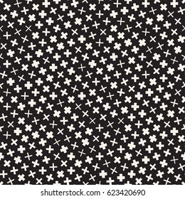 Trendy Texture With Scattered Geometric Shapes.  Inspired by Memphis Design. Abstract Monochrome Background. Vector Seamless Pattern.