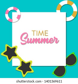Trendy texture. Season vocation, weekend, holiday logo. Summer Time Wallpaper. Happy summer Day. Vector illustration template. Background with summer elements, modern sunglasses, multicolor lifebuoy