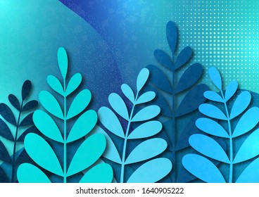 Trendy textured background with blue vibrant gradient plants, leaves, branches. Floral and botanical modern template for posters, banners, invitations, cards. Vector illustration
