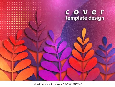 Trendy textured background with violet and pink vibrant gradient plants, leaves, branches. Floral and botanical modern template for posters, banners, invitations, cards. Vector illustration