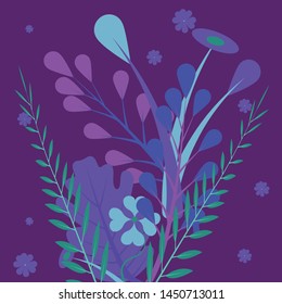 Trendy textured flat vector illustration with violet and pink vibrant bright gradient plants, leaves, flowers, branches. Floral and botanical modern background for posters, banners, invitation, cards.