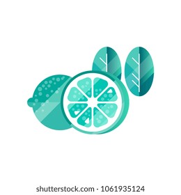 Trendy textured icon of lime or lemon and two leaves with gradient colors. Citrus fruit. Natural and healthy food. Abstract flat vector